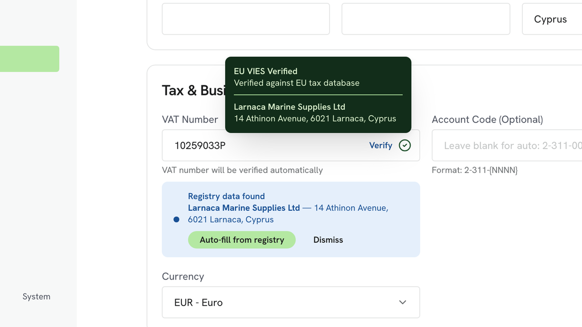 A new client's VAT number is verified against the registry and the Client's name and address are filled in from it